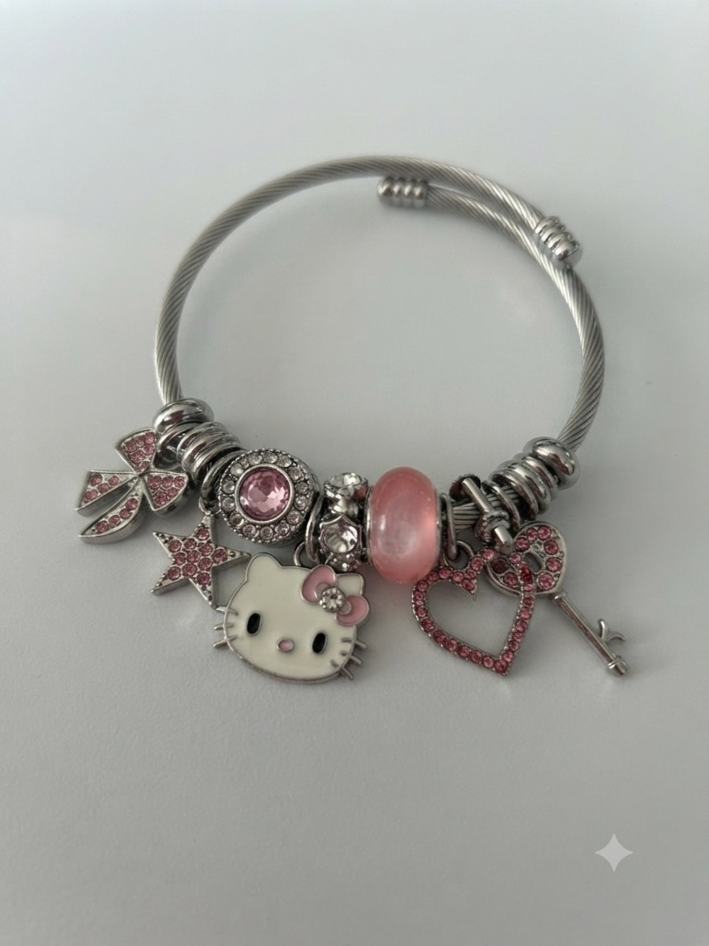 Hello Kitty Charm Bracelet Silver Tone Pink Bead & Crystal Accents Kawaii